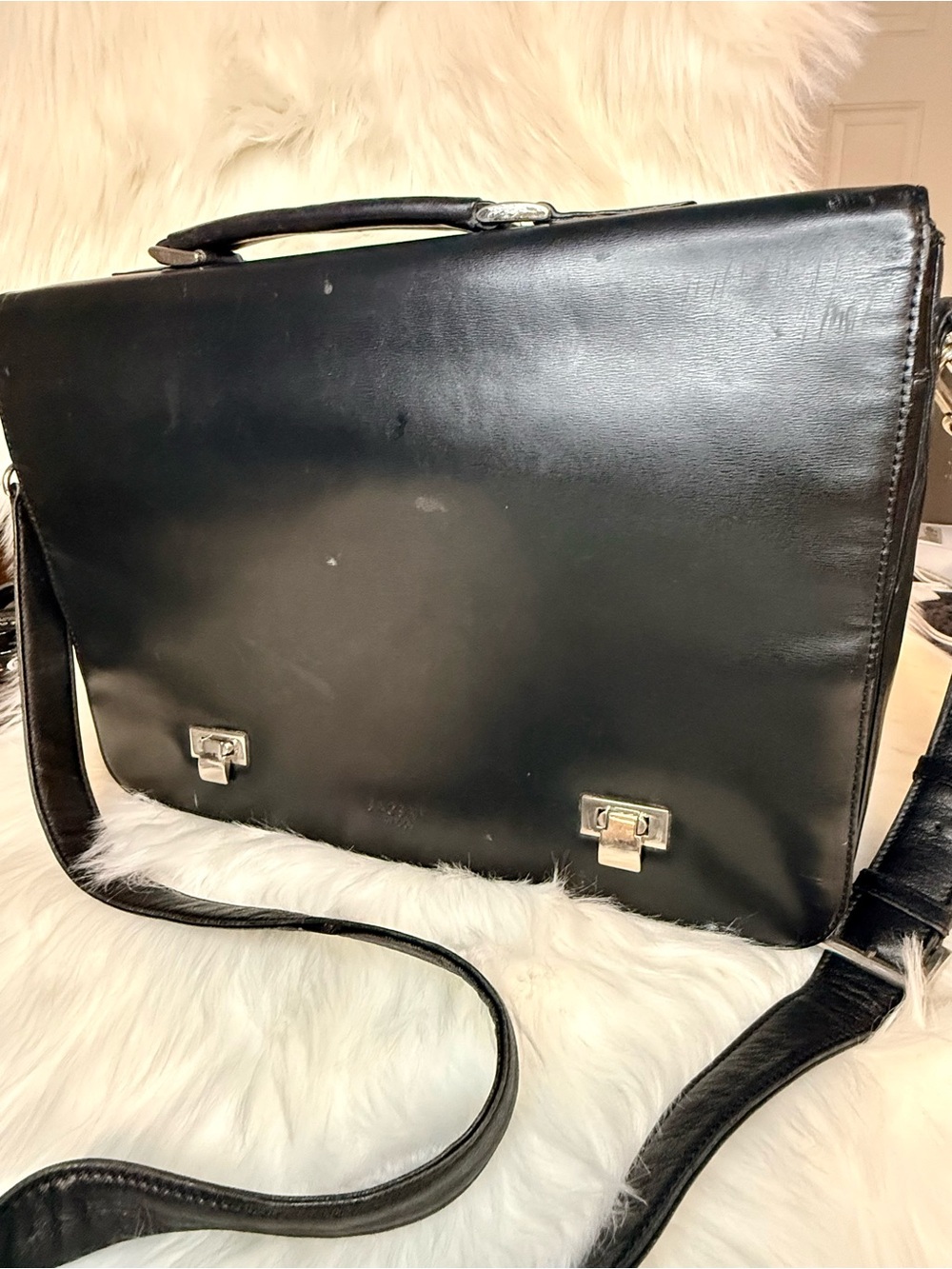 Classic Vintage Black Leather Messenger Bag